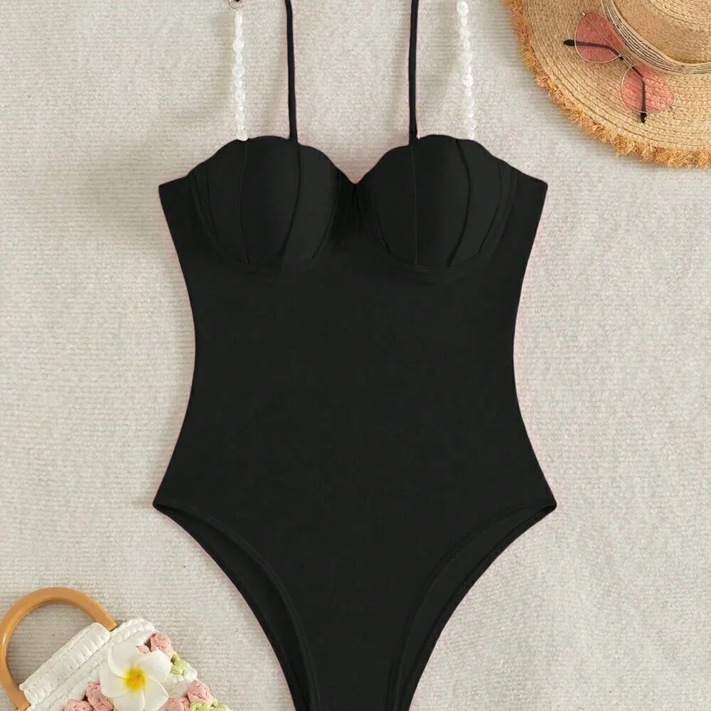 Black Cute Women's Iridescent Faux Pearl Decorated One-Piece Swimsuit